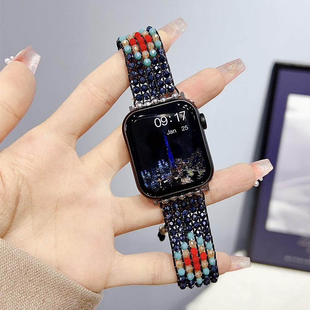For Apple Watch Series 9 8 7 41mm / 6 5 4 SE (2023) SE (2022) SE 40mm / 3 2 1 38mm Strap Nylon+Beads Woven Watch Band - Black For Apple Watch Series 9 8 7 41mm / 6 5 4 SE (2023) SE (2022) SE 40mm / 3 2 1 38mm Strap Nylon+Beads Woven Watch Band - Black